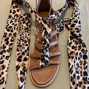 Silent D Tan Leather Sandals With Leopard Print Ankle Wrap Size 6 1/2 (37)